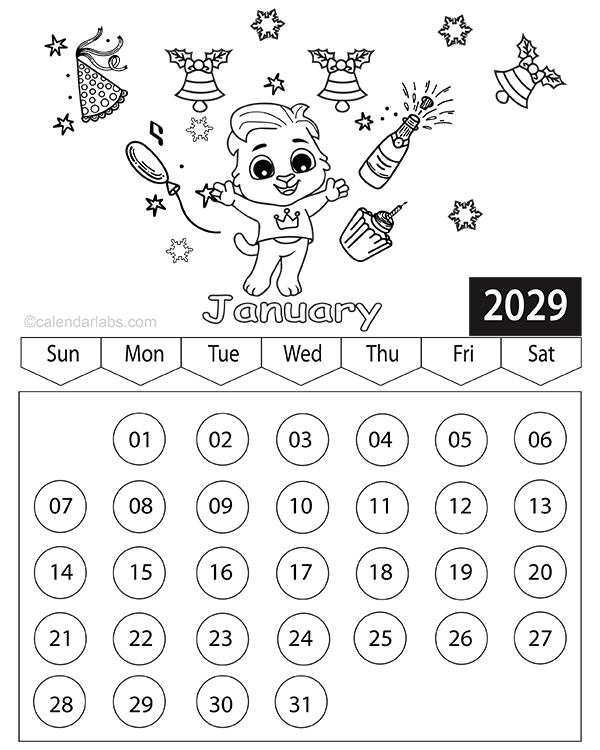 2029 Printable Coloring Calendar Pages