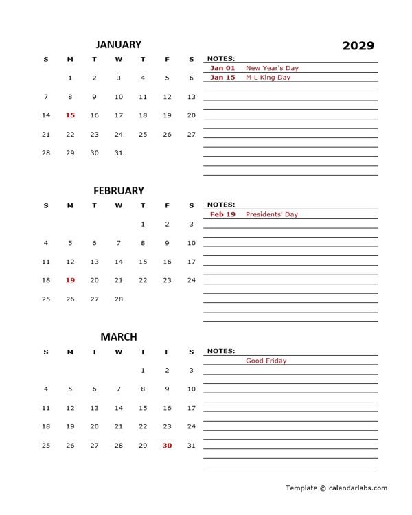2029 Quarterly Portrait Calendar Template