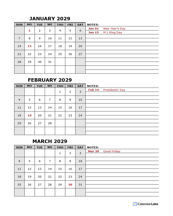 2029 Quarterly Word Calendar With Holidays