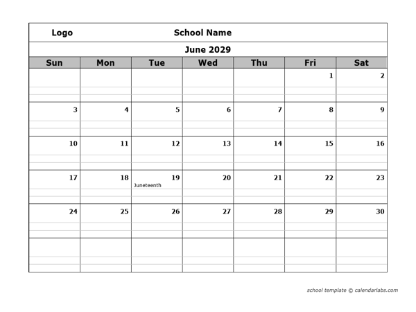 2029 School Monthly Printable Calendar
