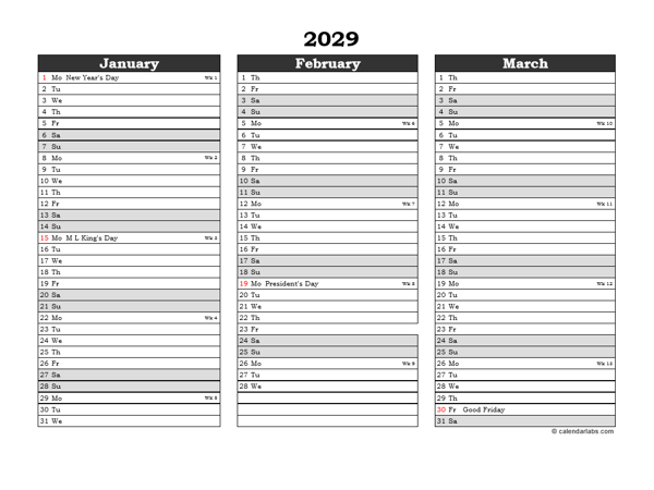 Editable 2029 Three Month Calendar