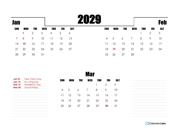 2029 Quarterly Three Month Calendar