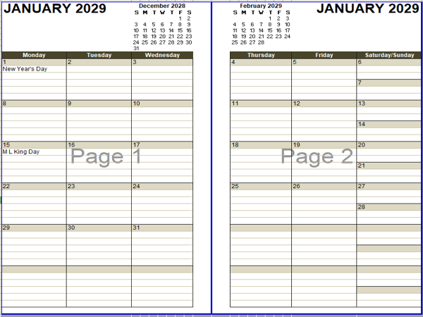 2029 Two Page Monthly Calendar A3