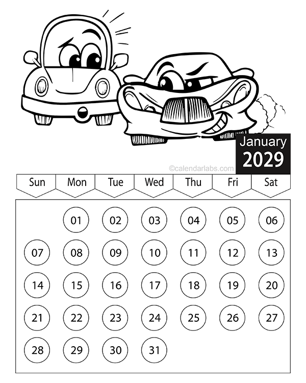 2029 Vehicle Coloring Calendar