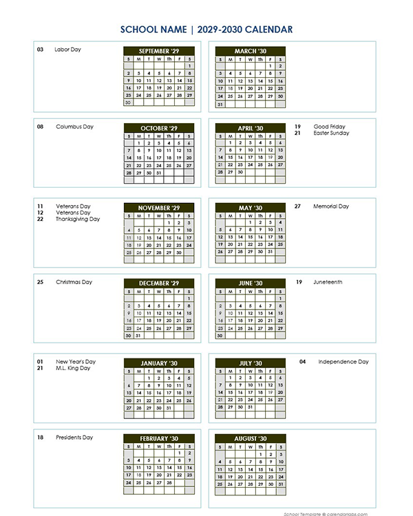 2029 Vertical Yearly Sep-Aug Calendar