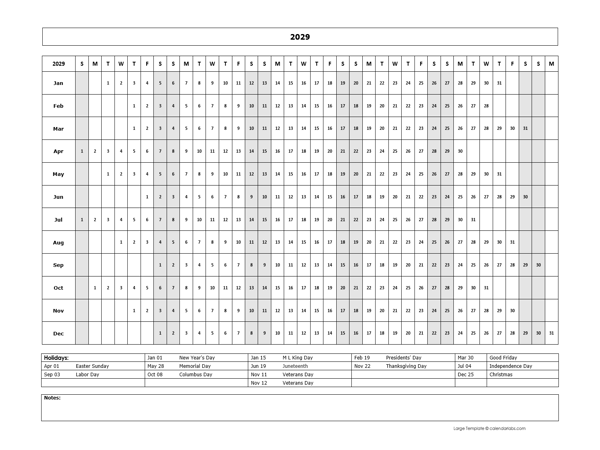 2029 Year At A Glance Large Calendar