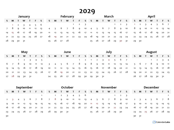 2029 Yearly Blank Calendar Template