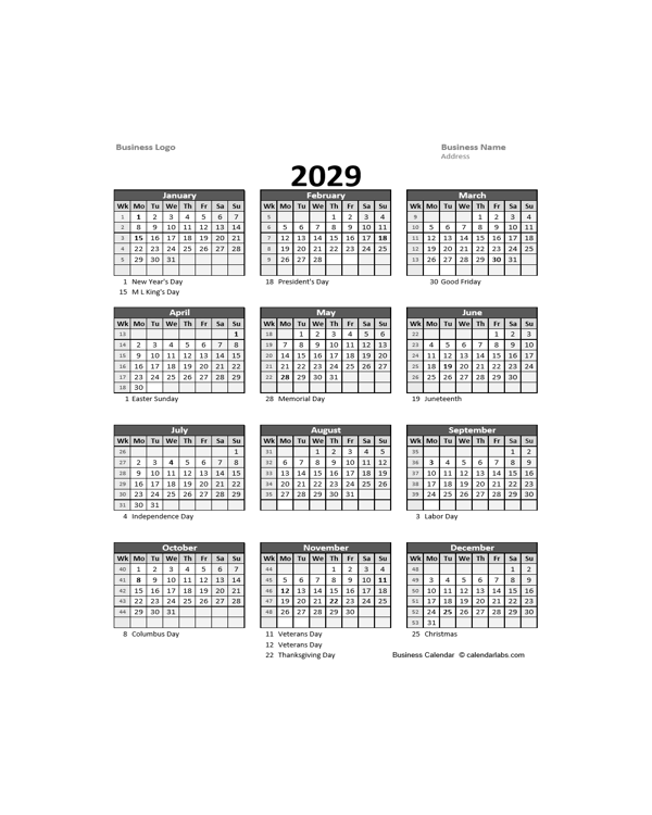 2029 Yearly Business Calendar With Week Number