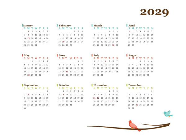 2029 Yearly Calendar Bird Template