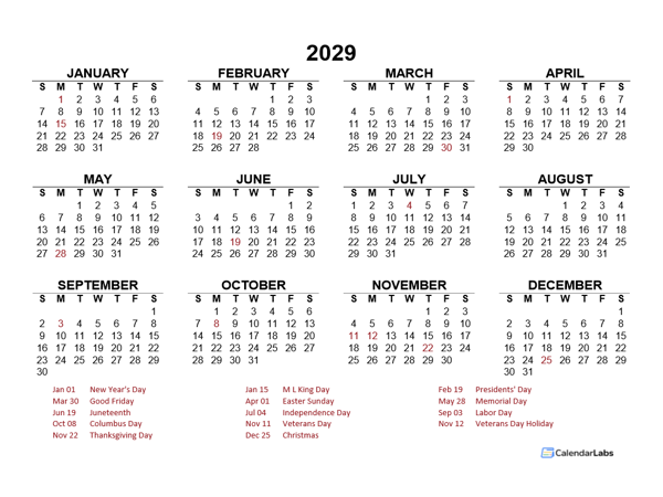 2029 Yearly Calendar Template Excel