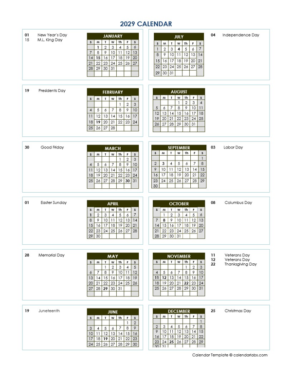 2029 Annual Calendar Vertical Template
