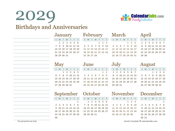 2029 Yearly Family Calendar