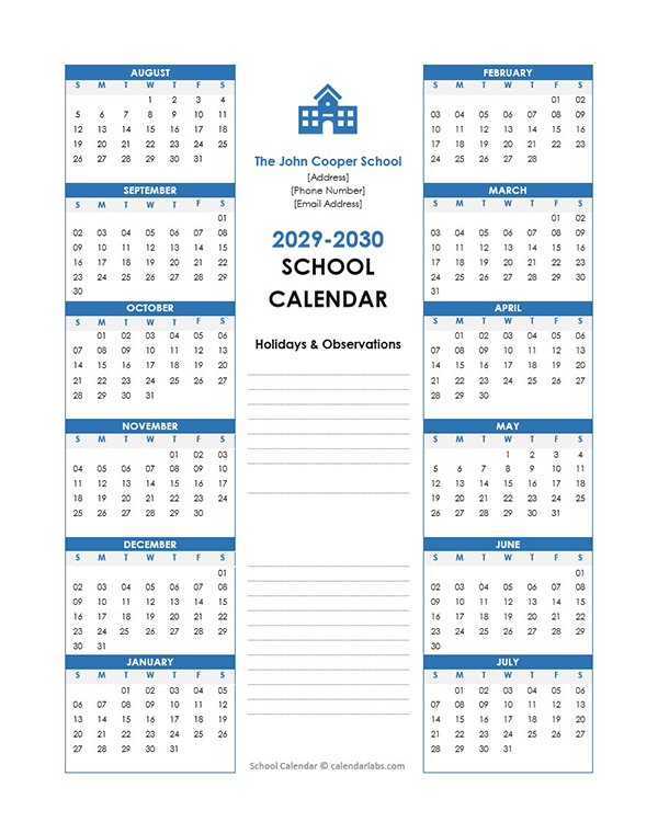 2029 Yearly Free Editable School Aug-Jul Calendar
