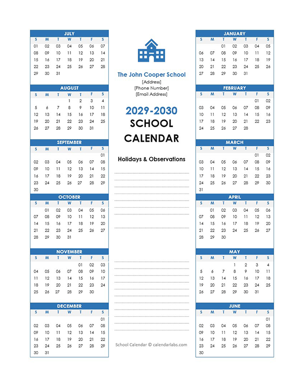 2029 Yearly Free Editable School Jul-Jun Calendar