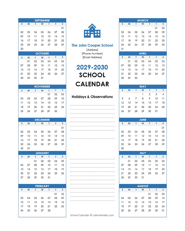 2029 Yearly Free Editable School Sep-Aug Calendar