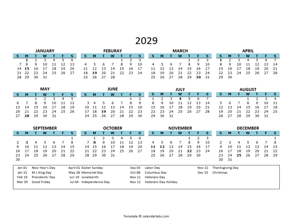 2029 Yearly Google Docs Calendar With Holiday