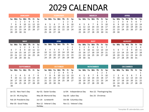 2029 Yearly Powerpoint Calendar Slide