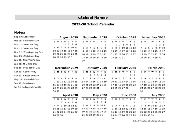 2029 Yearly School Aug-Jul Calendar With Holidays
