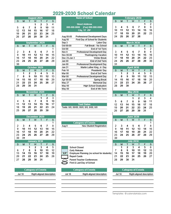 2029 Yearly School Calendar Template Editable Aug-Jul