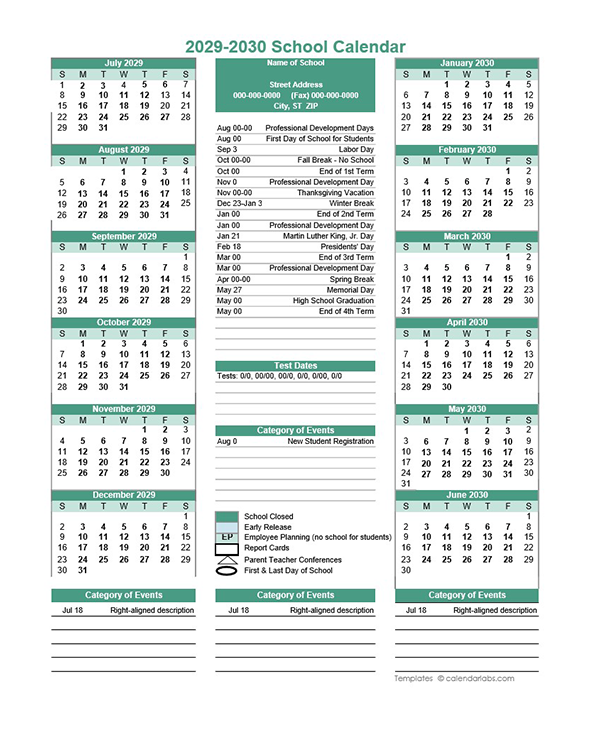 2029 Yearly School Calendar Template Editable Jul-Jun