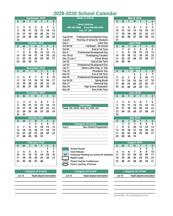 2029 Yearly School Calendar Template Editable Sep-Aug