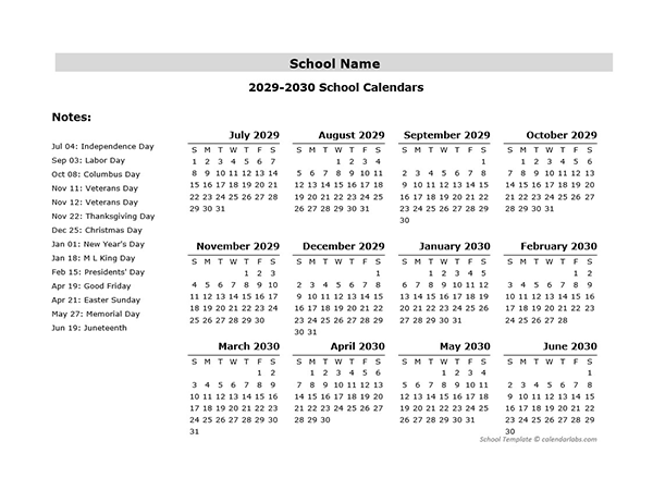 2029 Yearly School Jul-Jun Calendar With Holidays