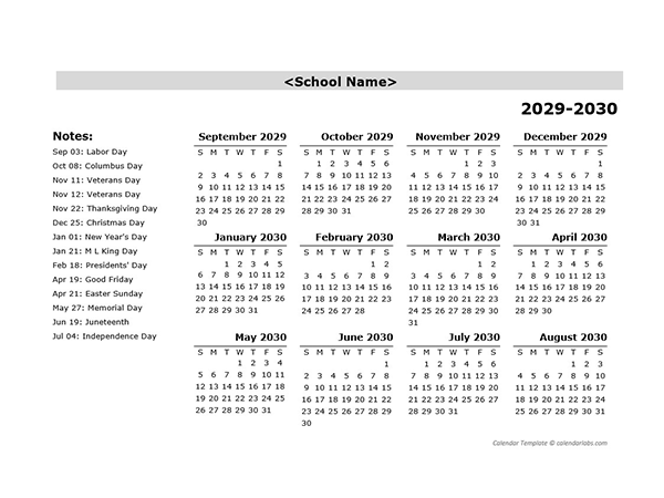 2029 Yearly School Sep-Aug Calendar With Holidays