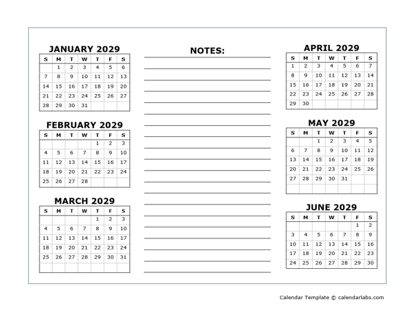 6 Months Per Page Calendar Template 2029