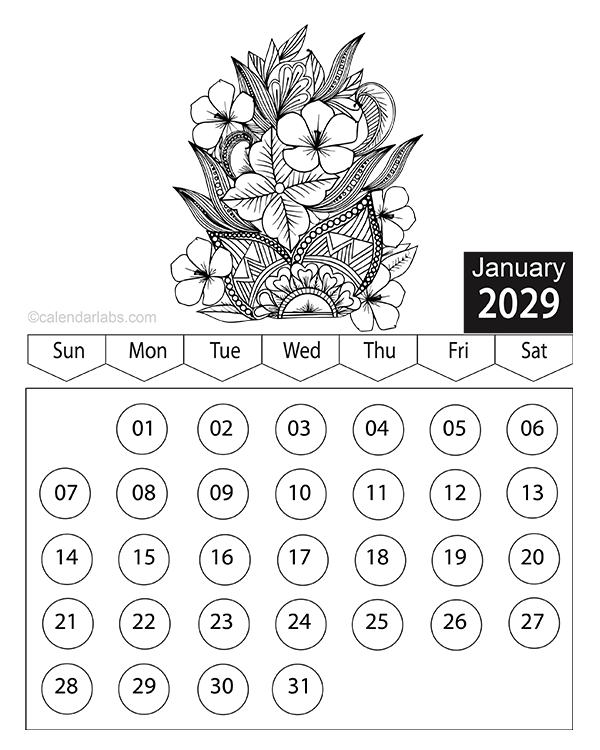Free 2029 Floral Coloring Calendar