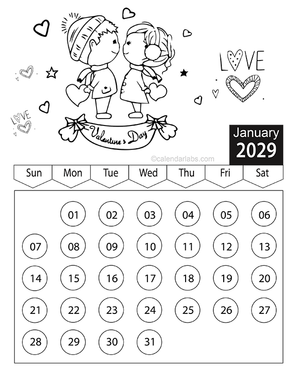 Valentines Day 2029 Coloring Calendar