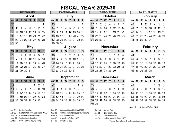 2029-30 Fiscal Year Calendar UK Template