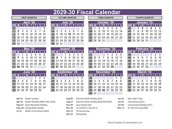UK Fiscal Calendar Template 2029-2030