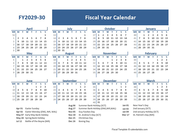 2029-30 Fiscal Year Calendar Template for UK