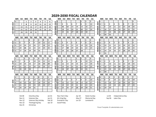 Fiscal Calendar 2029-2030 Templates