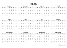 2029 Annual Blank Word Calendar Template