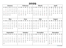 2029 Blank Yearly Calendar Template