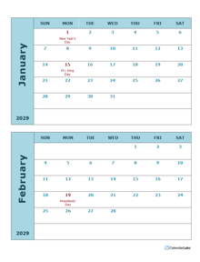 2029 Calendar Template 2 Months Per Page