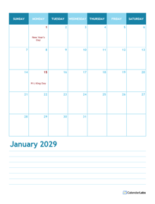 2029 Months Calendar Template