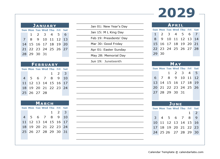 2029 Calendar Template 6 Months Per Page