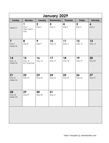 2029 Calendar With Julian Dates
