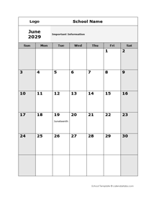2029 Editable Monthly School Jun-Sep Calendar