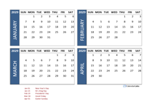 2029 Excel 4 Month Calendar Template