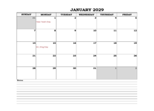 2029 Excel Monthly Calendar With Notes