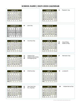 2029 Free School Yearly Calendar Aug