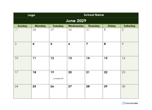 2029 Google Docs School Monthly Calendar