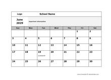2029 Google Docs School Monthly Jun Calendar