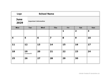 2029 Google Docs School Monthly Jun Mon Calendar