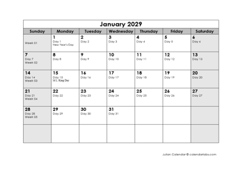 2029 Julian Calendar