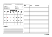 2029 Monthly Appointment Calendar Template