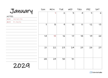 2029 Calendar Template with Monthly Notes
